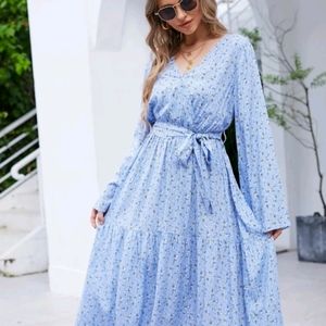 Ditsy Floral Trumpet Sleeve Overlap Collar Ruffle Hem Belted Dress